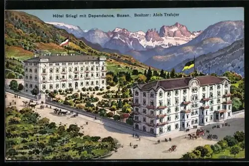 AK Bozen, Hotel Stiegl mit Dependance v. A. Trafojer, Pferdekutsche