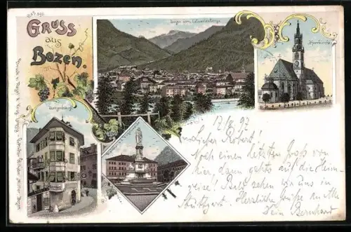 Lithographie Bozen, Gasthof Batzenhäusl, Walther von der Vogelweide, Pfarrkirche