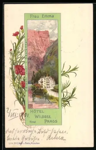 Lithographie Prags, Hotel Wildsee Prags Frau Emma, Nelken