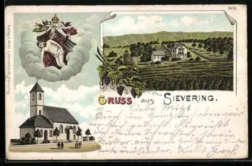 Lithographie Wien, Sievering, Kirche, Madonna, Totalansicht