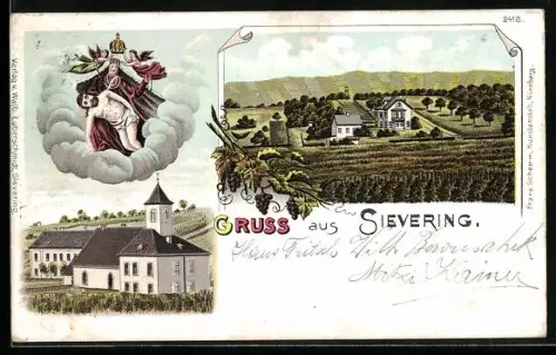 Lithographie Sievering, Kirche und Ortsansicht mit Heiligenbild