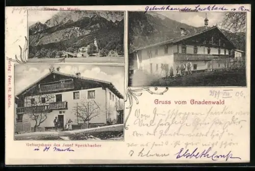 AK Gnadenwald, Geburtshaus des Josef Speckbacher, Kirche St. Martin