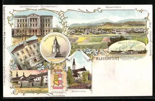 Lithographie Klagenfurt, Lindwurm-Denkmal, Domkirche, Landeswappen, Rathaus, Museum, Gesamtansicht