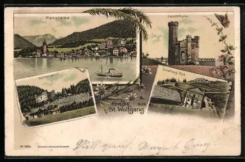 Lithographie St. Wolfgang, Panorama mit See, Hüttenstein, Leuchtturm und Schafberg-Alpe