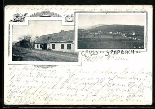 AK Sparbach /N. Ö., Handlung und Totalansicht im Blumen-Passepartout