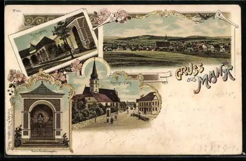 Lithographie Mank, Kirchenplatz, Kreuzweg und Maria Loudreskapelle, Totalansicht