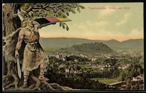 AK Graz, Stadtpanorama, Germanischer Krieger mit Schild und Schwert