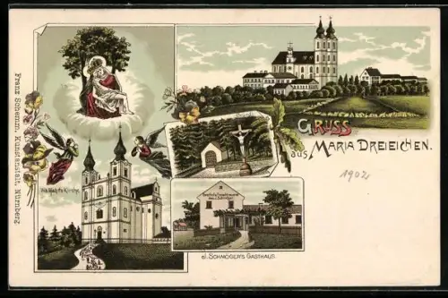 AK Maria Dreieichen, Gasthof von Josefa Schmöger, Bründl, Wallfahrts-Kirche