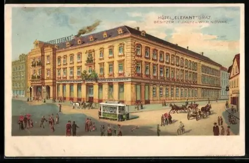 Lithographie Graz, Hotel Elefant, Strassenbahn