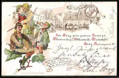 Lithographie Graz, Restaurant Kleinoscheg`s Altdeutsche Weinstube, Im Krug zum grünen Kranze, Zitherspieler
