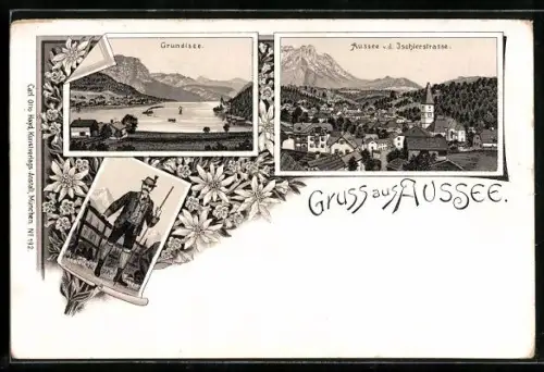 AK Aussee, Ortsansicht v. d. Ischlerstrasse, Grundlsee, Mann in Tracht