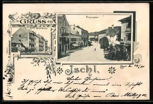 AK Ischl, Hotel Kaiserkrone, Kreuzplatz, Blumen-Passepartout