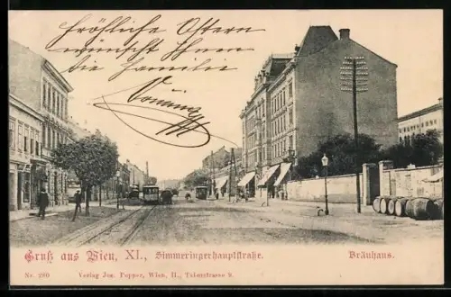AK Wien, Simmeringerhauptstrasse, Bräuhaus und Strassenbahn