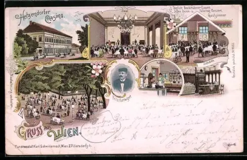 Lithographie Wien, Hetzendorf, Gasthof Hetzendorfer Casino, Porträt von Fritz Hartwiger
