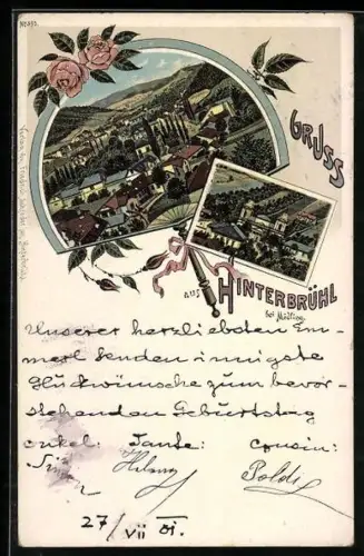 Lithographie Hinterbrühl, Gesamtansicht mit Kirche