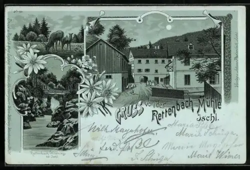 Mondschein-Lithographie Ischl, Gasthaus Rettenbach Mühle, Rettenbach-Wildnis