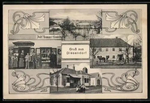 AK Diesendorf, Josef Neumauers Gemischtwarenhandlung und Ortspartien, Blumen-Passepartout