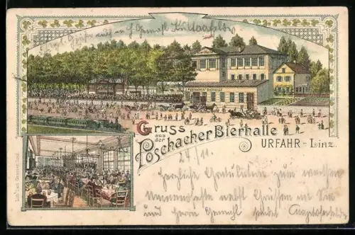 Lithographie Urfahr /Linz, Gasthof Poschacher Bierhalle, Bes. J. Poschacher