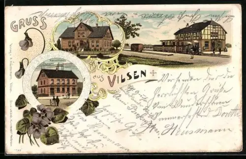 Lithographie Vilsen, Bahnhof Bruchhausen, Superintendentur, Kaiserliches Postamt