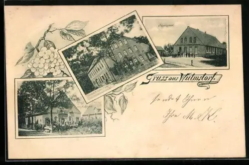 AK Wulmstorf, Geschäftshaus von J. Büssenschütt, Pflugfabrik von H. Meyer, Schulhaus