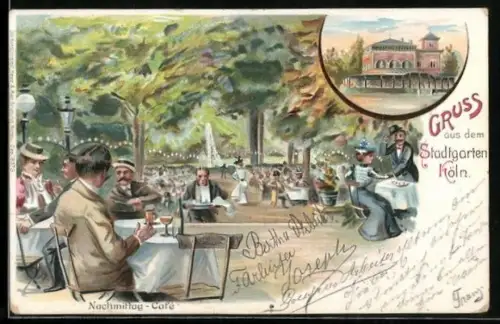 Lithographie Köln-Neustadt, Gruss aus dem Stadtgarten, Nachmittag-Cafe