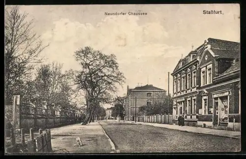 AK Stassfurt, Strasse Neundorfer Chaussee mit Geschäft