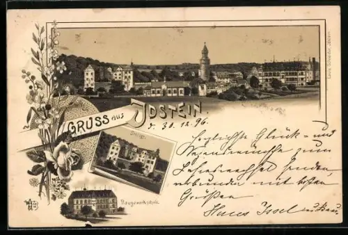 Lithographie Idstein, Teilansicht, Schloss, Baugewerkschule