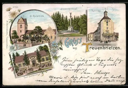Lithographie Treuenbrietzen, Park-Restaurant, Rathhaus, Siegesdenkmal, St. Marienkirche