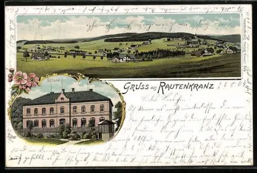 Lithographie Rautenkranz, Panorama, Schule
