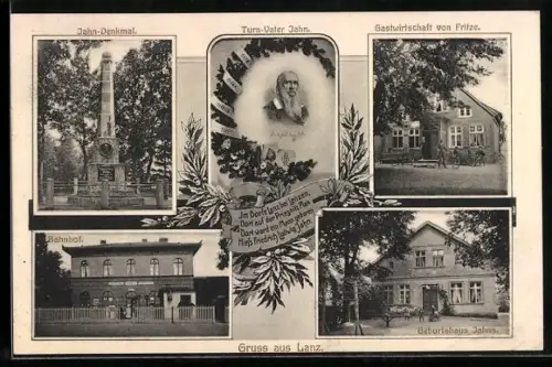 AK Lanz, Gasthaus von Fritze, Bahnhof, Turn-Vater Jahn