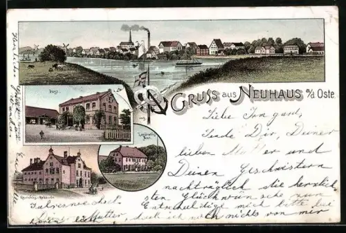 Lithographie Neuhaus, Totalansicht, Post, Landratsamt, Gerichtsgebäude, Anker und Rettungsringe