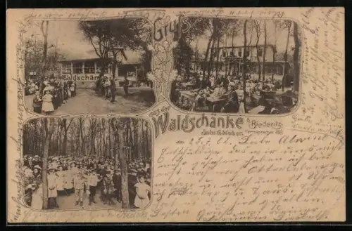 AK Biederitz, Gasthaus Waldschänke, Garten, Menschen im Wald