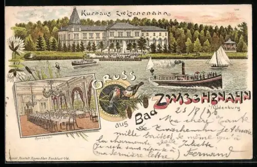 Lithographie Bad Zwischenahn i. Oldenburg, Dampfer vor Kurhaus Zwischenahn, Speisesaal