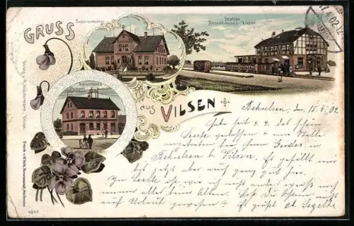Lithographie Vilsen, Teilansicht, Bahnhof Bruchhausen-Vilsen, Superindentur, Kaiserliches Postamt