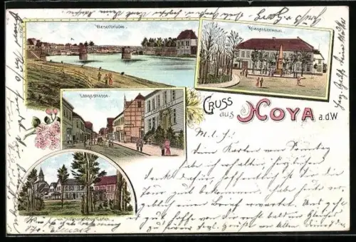 Lithographie Hoya a. d. W., Weserbrücke, Kriegerdenkmal, Langestrasse