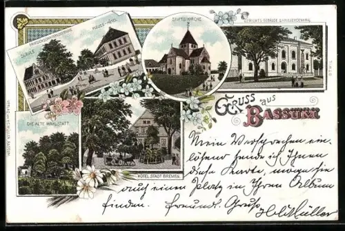 Lithographie Bassum, Harlings Hotel, Schule, Hotel Stadt Bremen, Stiftskirche, Waterloo-Eiche