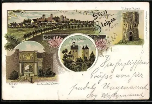 Lithographie Stolpen in Sachsen, Stolpen-Ruine und Totalansicht