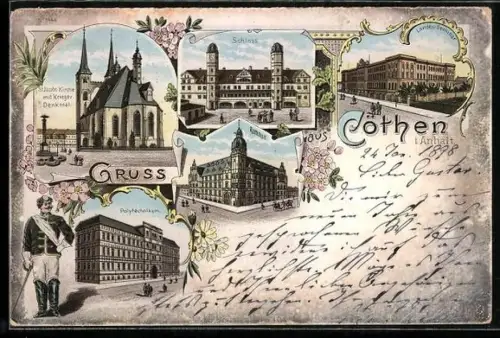 Lithographie Cöthen i. Anhalt, Schloss, Rathaus, Polytechnikum