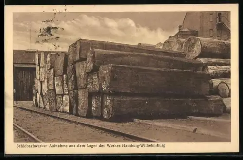 AK Hamburg-Wilhelmsburg, Schlobachwerke, Furnier- und Sägewerk, Aufnahme aus dem Lager