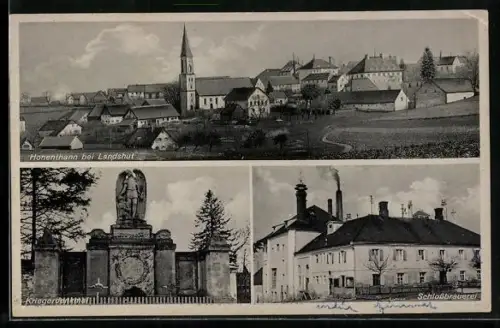 AK Hohenthann bei Landshut, Schlossbrauerei, Kriegerdenkmal, Teilansicht mit Kirche