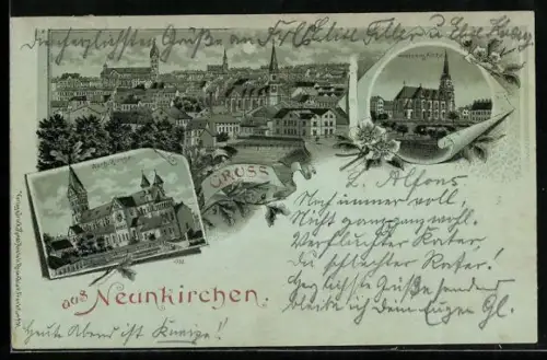 Mondschein-Lithographie Neunkirchen, Kath. Kirche, Ev. Kirche, Totalansicht