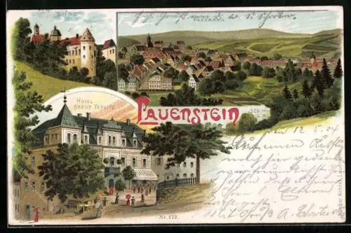 Lithographie Lauenstein, Hotel Stadt Teplitz, Burg und Panorama