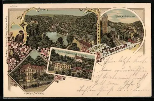 Lithographie Tharandt, Kurhaus Dr. Haupt, Forstacademie und Kirche, Ortsansicht