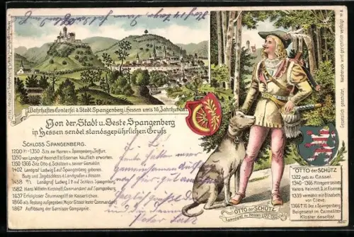 Lithographie Spangenberg, Ortsansicht mit Schloss Spangenberg, Jäger mit Hund, Wappen