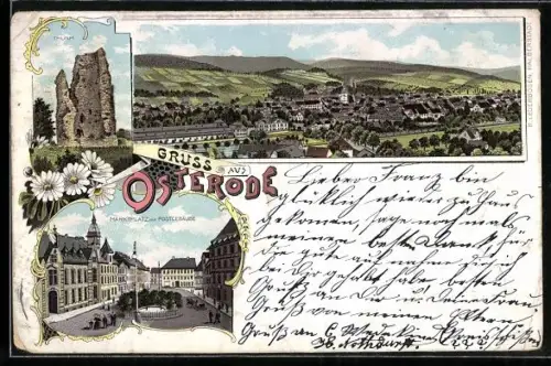 Lithographie Osterode, Marktplatz mit Postgebäude, Turm, Panorama