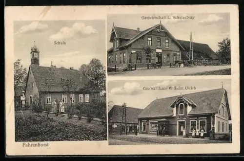 AK Fahrenhorst, Gasthaus von L. Schulenburg, Geschäft Wilhelm Ulrich, Schule