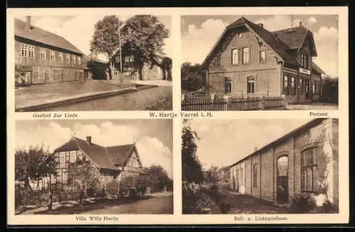 AK Varrel i. H., Gasthof Zur Linde, Postamt, Villa Willy Hartje, Ball- und Lichtspielhaus