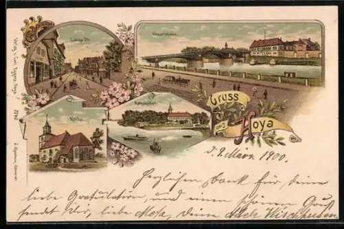 Lithographie Hoya, Gasthof Rathskeller, Lange Strasse, Weserbrücke