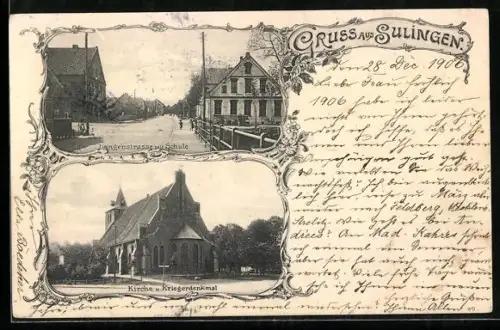 AK Sulingen, Langenstrasse mit Schule, Kirche und Kriegerdenkmal