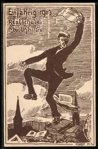 Künstler-AK Müllheim i. B., Absolvia Realschule, Einjährig 1913, Student mit Zeugnis